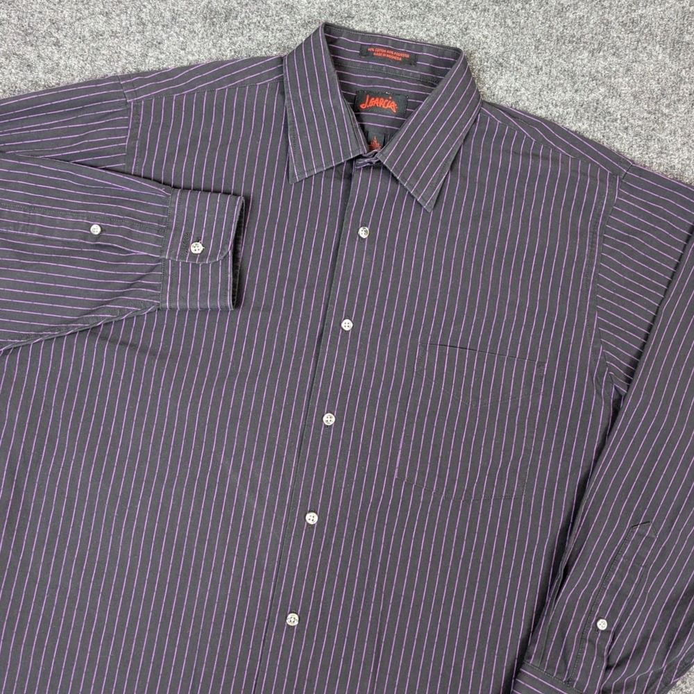 J. Garcia Mens Dress Shirt Large 16 32/33 Black Purple Striped Wrinkle Free
